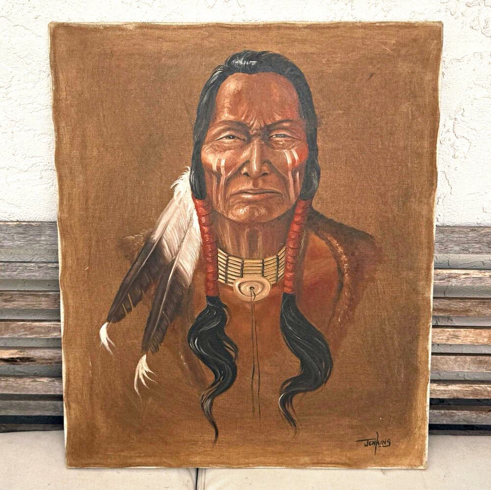 Jenkins Signed Realism Native American Man Portrait Painting on Canvas 24x20 in